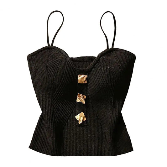 Women Vest Spaghetti Strap Padded Backless Sleeveless Knitted Elastic Solid Color V Neck Button Decor Camisole Bottom Crop Top