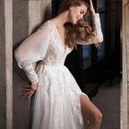 Tulle Slit A-Line Lace  Wedding Gown