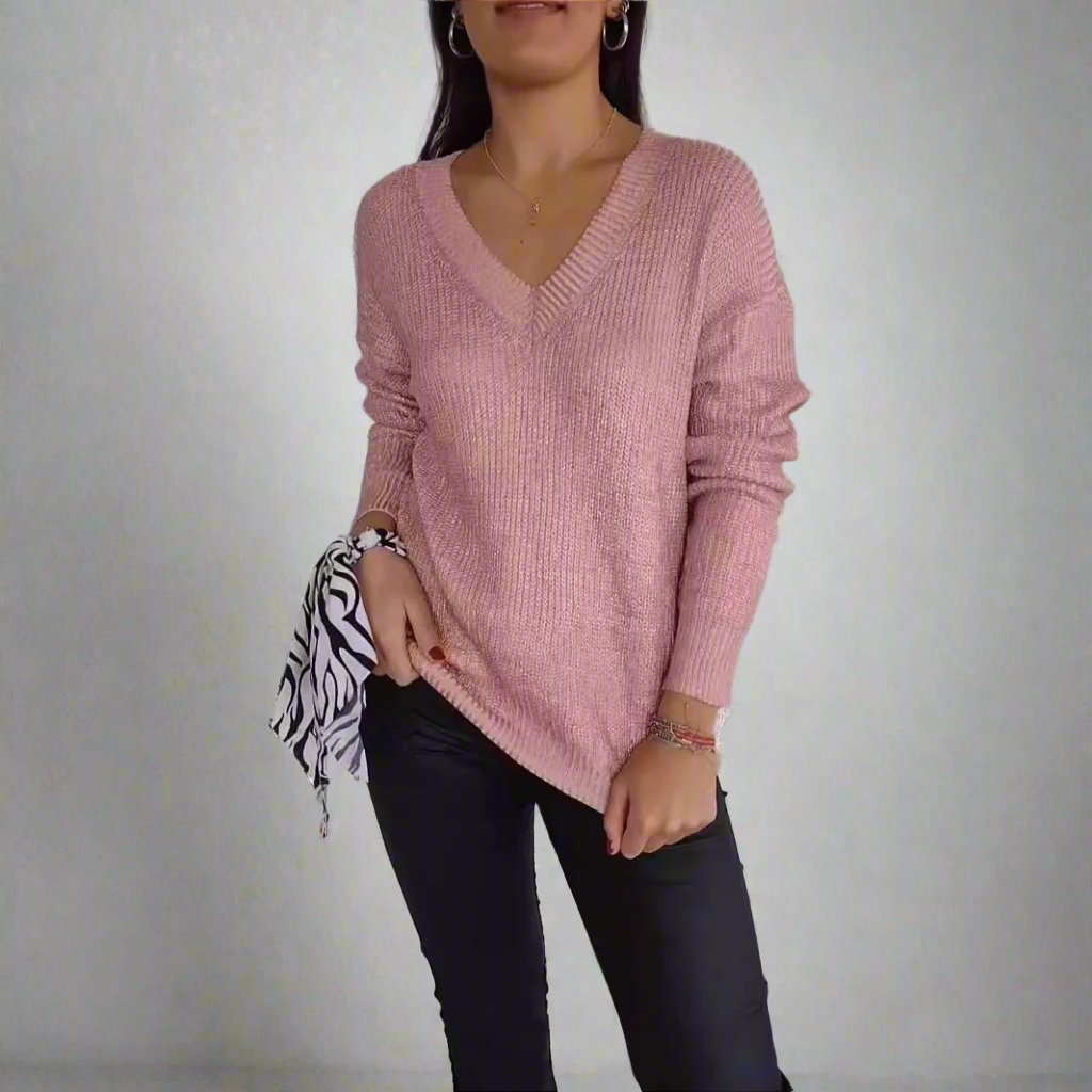 Metallic Knitted V-neck Pullover