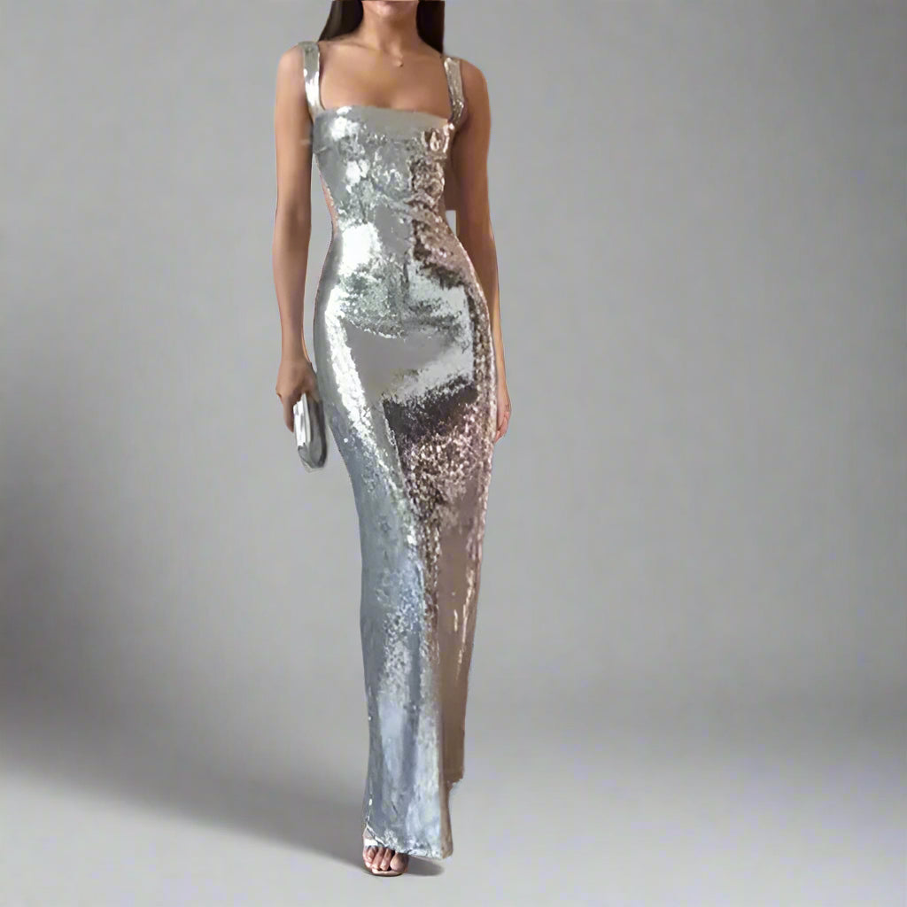 Sequin Sling Square Collar Backless Dress