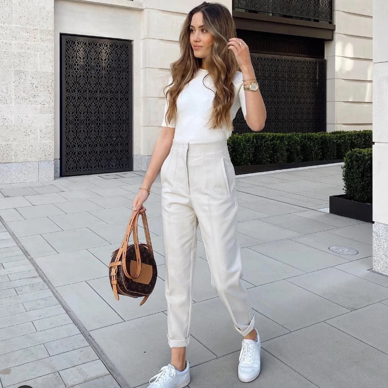 TRAF Fashion Office Wear High waist Pants for Women Formal Pants Office outfits Pencil Trousers Black Pink White Ladies Pants