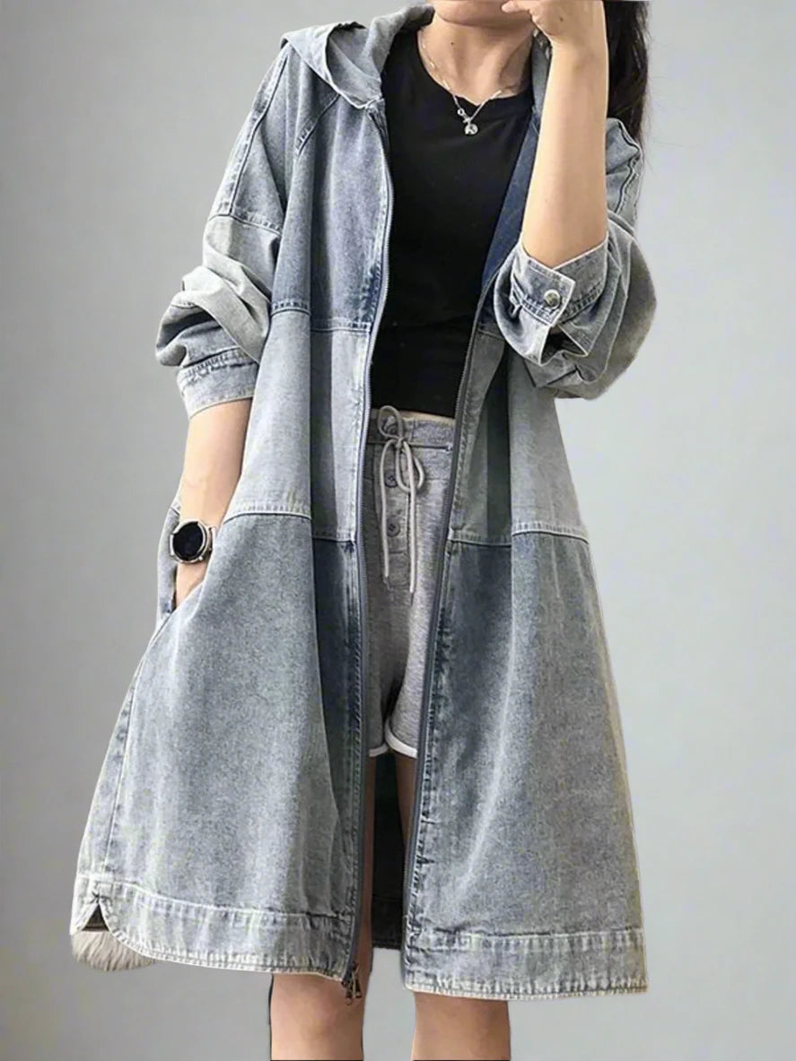 Loose Hooded Denim Trench Coat