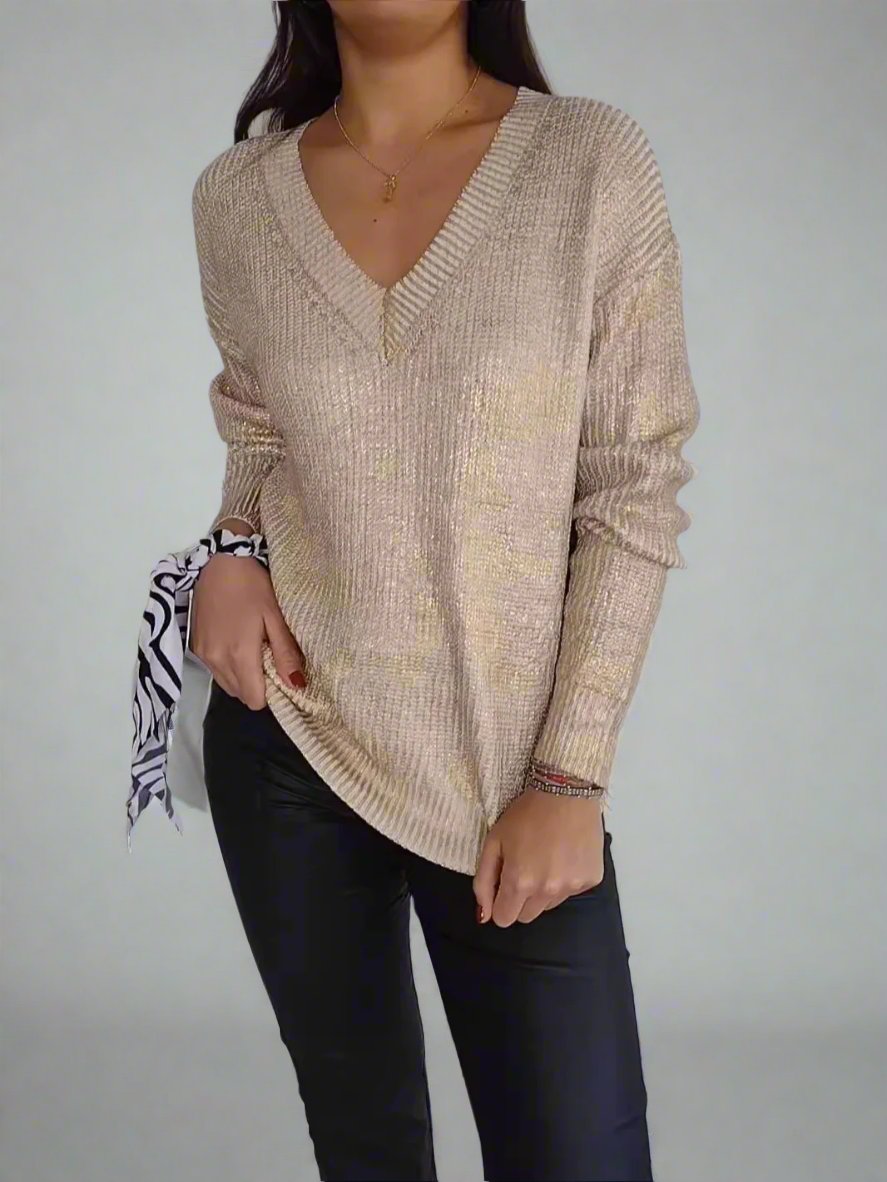 Metallic Knitted V-neck Pullover