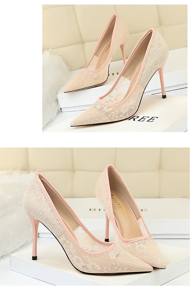 Sexy Skinny High Heels Women Shoes Stiletto Heel Shallow Mouth Pointed Toe Mesh Hollow Out Cutout out Lace Shoes