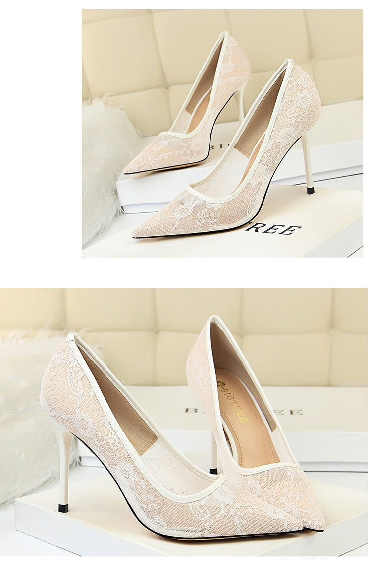 Sexy Skinny High Heels Women Shoes Stiletto Heel Shallow Mouth Pointed Toe Mesh Hollow Out Cutout out Lace Shoes
