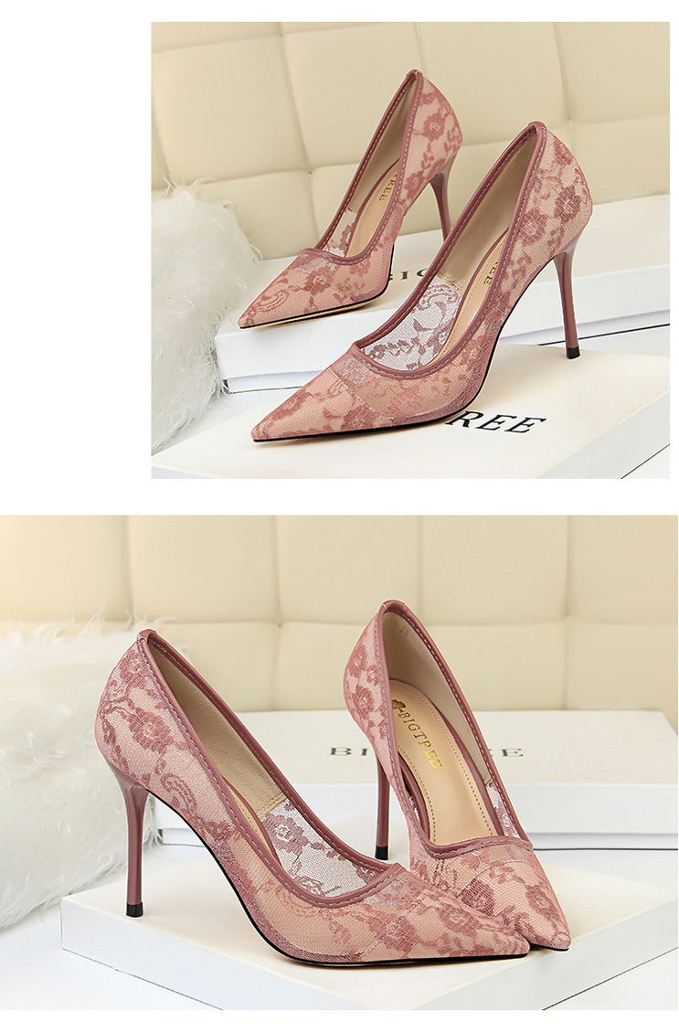 Sexy Skinny High Heels Women Shoes Stiletto Heel Shallow Mouth Pointed Toe Mesh Hollow Out Cutout out Lace Shoes