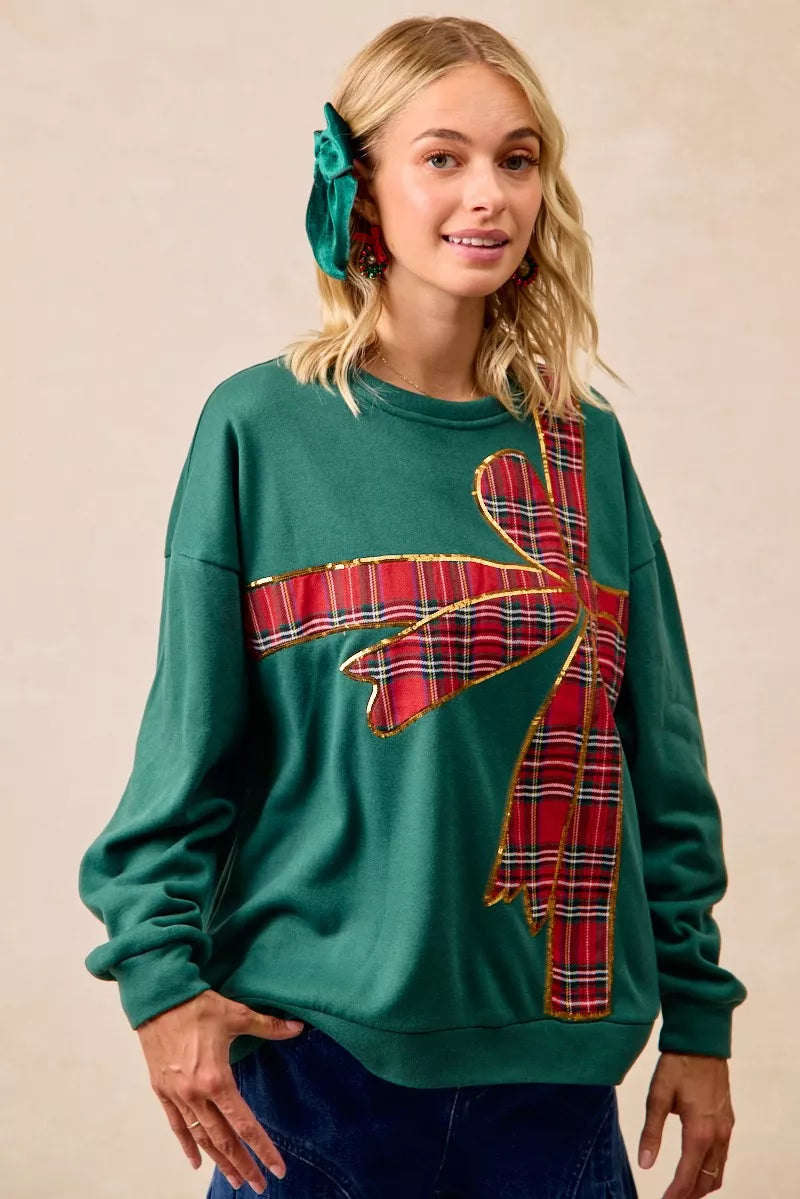 BiBi Plaid Ribbon Bow Detail Christmas Fleece Pullover