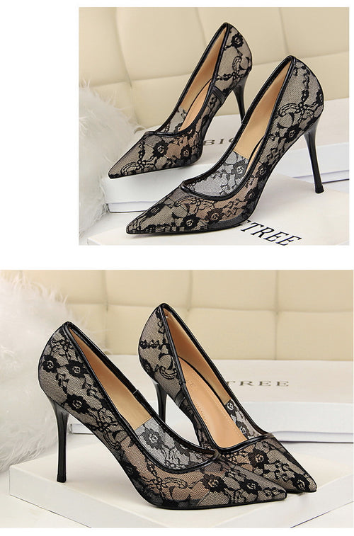 Sexy Skinny High Heels Women Shoes Stiletto Heel Shallow Mouth Pointed Toe Mesh Hollow Out Cutout out Lace Shoes