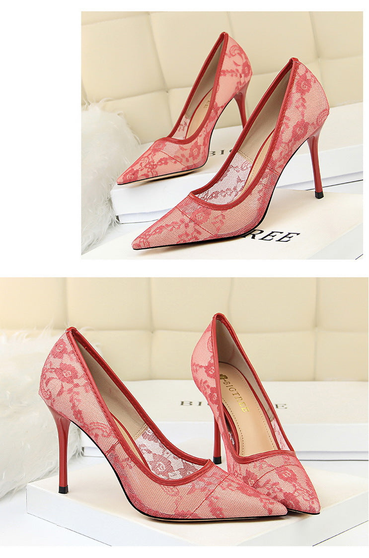 Sexy Skinny High Heels Women Shoes Stiletto Heel Shallow Mouth Pointed Toe Mesh Hollow Out Cutout out Lace Shoes