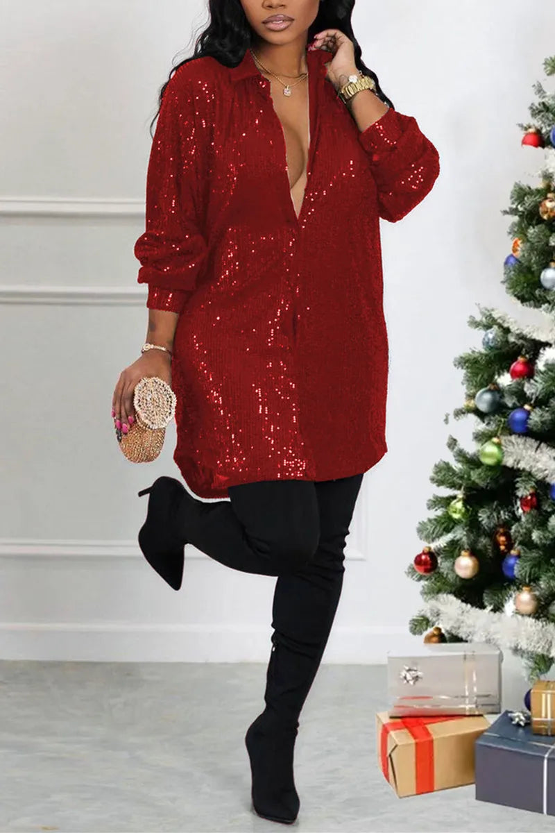 Curve Casual Black Sequin Long Sleeve Shirts