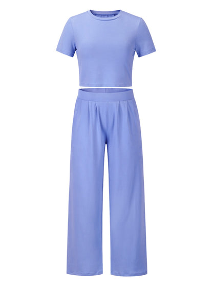 Round Neck Short Sleeve Top and Pocketed Pants Set