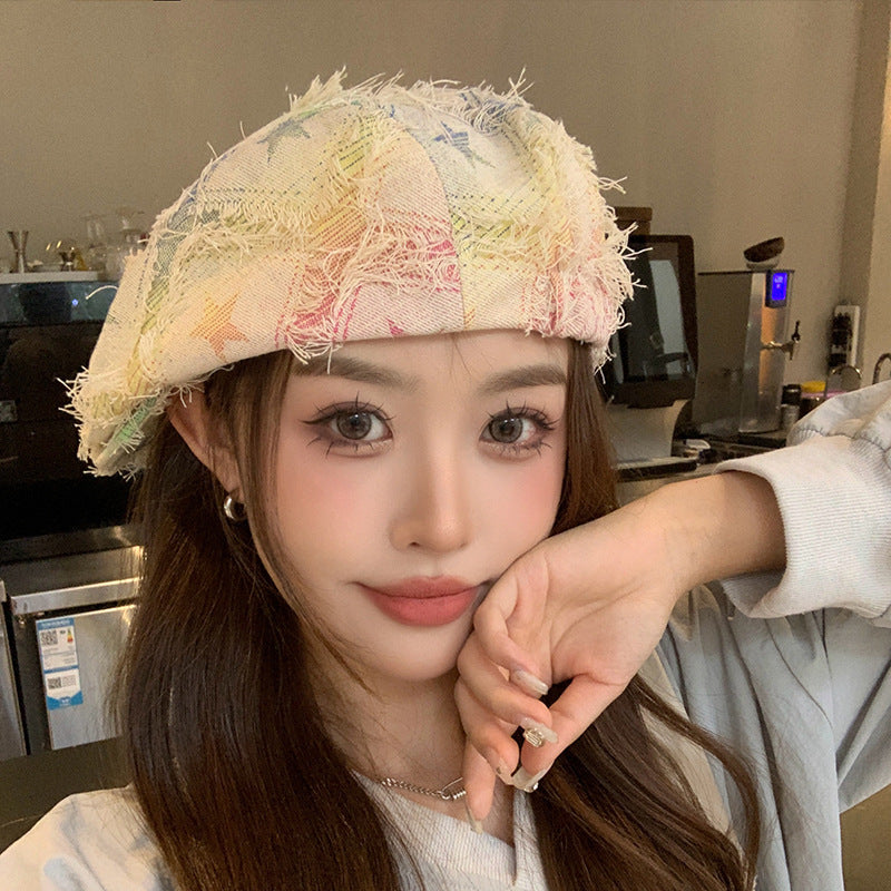 Colorful Plaid Star Distressed Beret — Korean Style Five-Pointed Hat