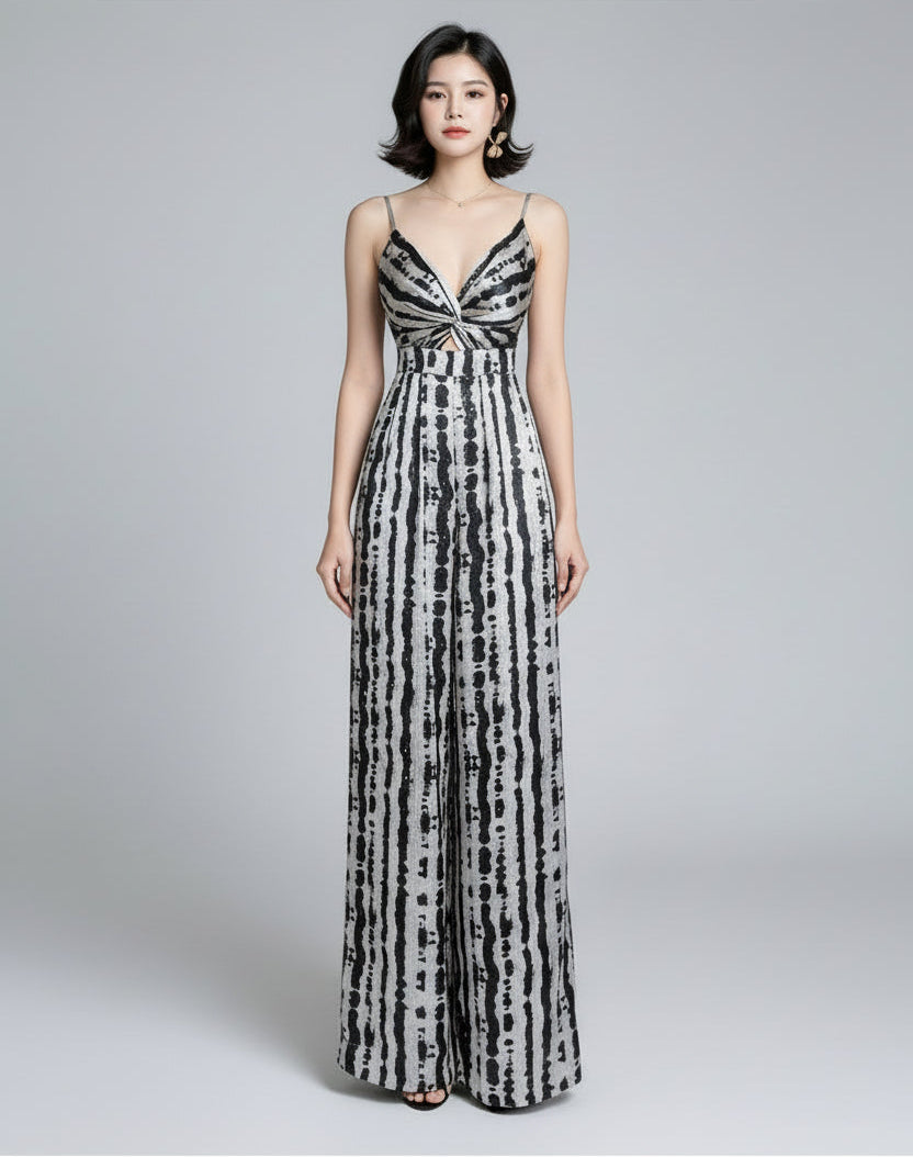 Leopard Silk Straight Wide Leg Jumpsuits