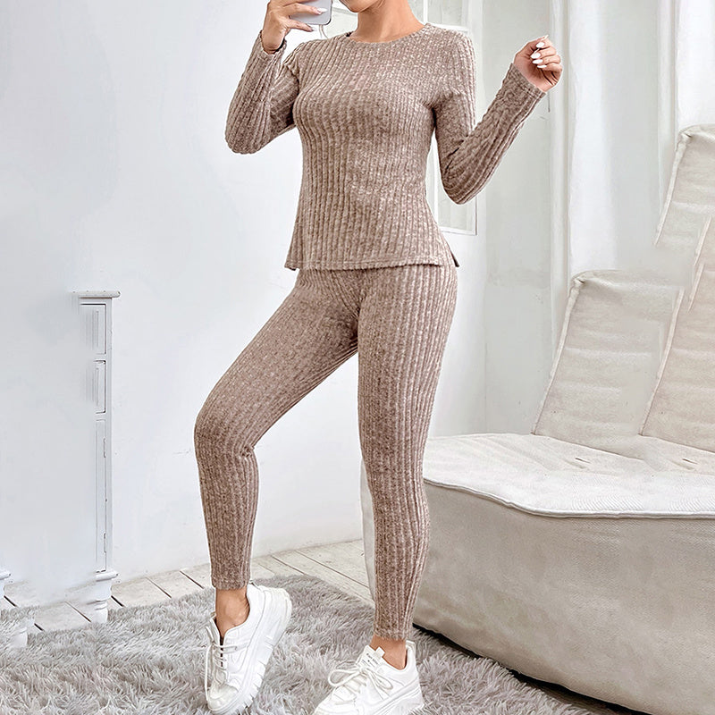 Women’s Ribbed Knit Long‑Sleeve Tee & Pants Lounge Set