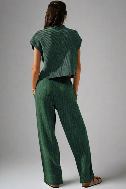 Green Knitted V Neck Sweater and Wide Leg Pants Set