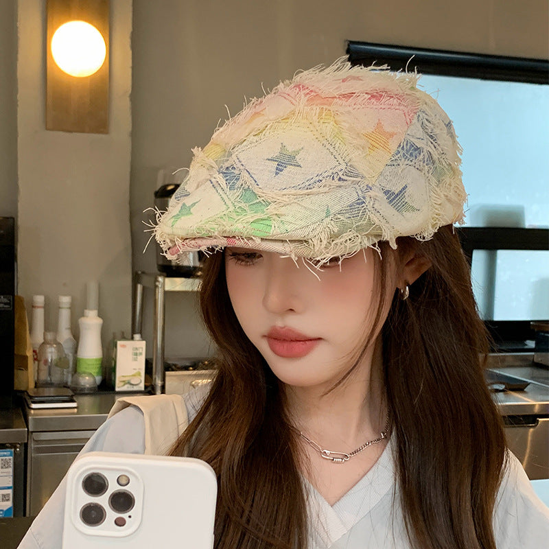 Colorful Plaid Star Distressed Beret — Korean Style Five-Pointed Hat