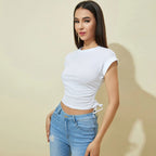 Slit Short Sleeve Round Neck Pullover White T- Shirt