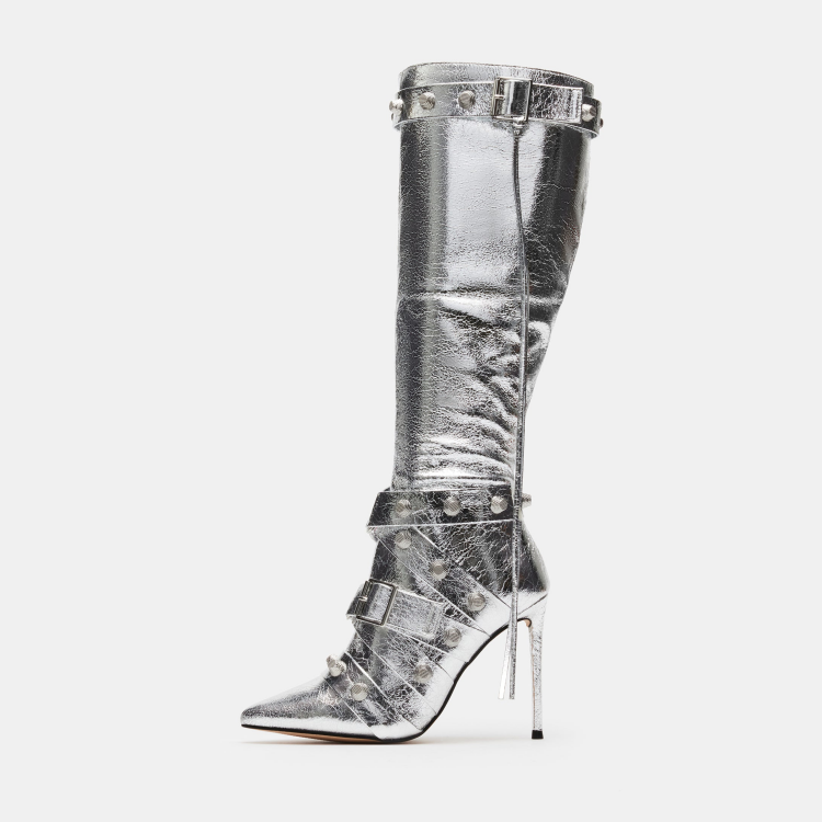 Rivet Pointed Stiletto High Boot
