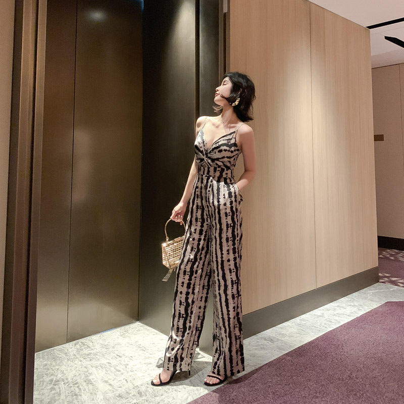 Leopard Silk Straight Wide Leg Jumpsuits