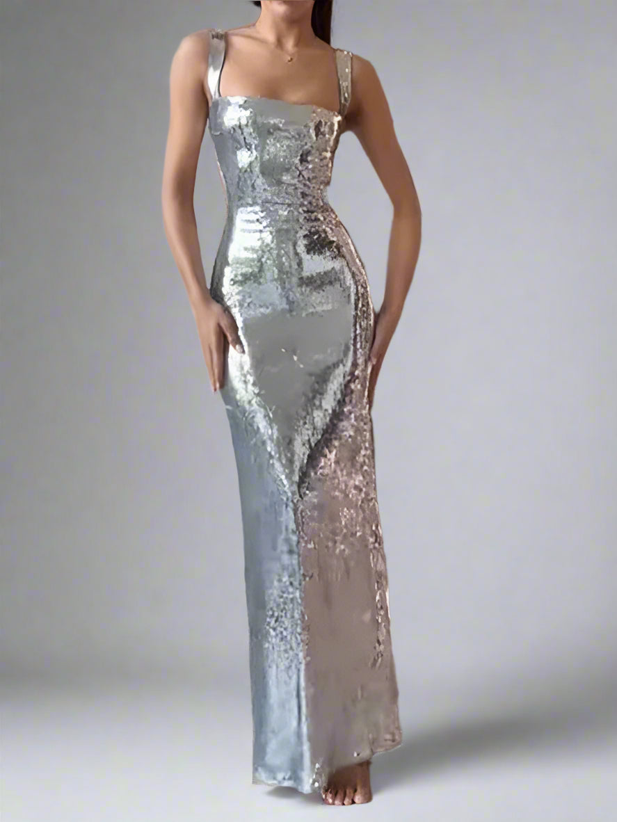Sequin Sling Square Collar Backless Dress