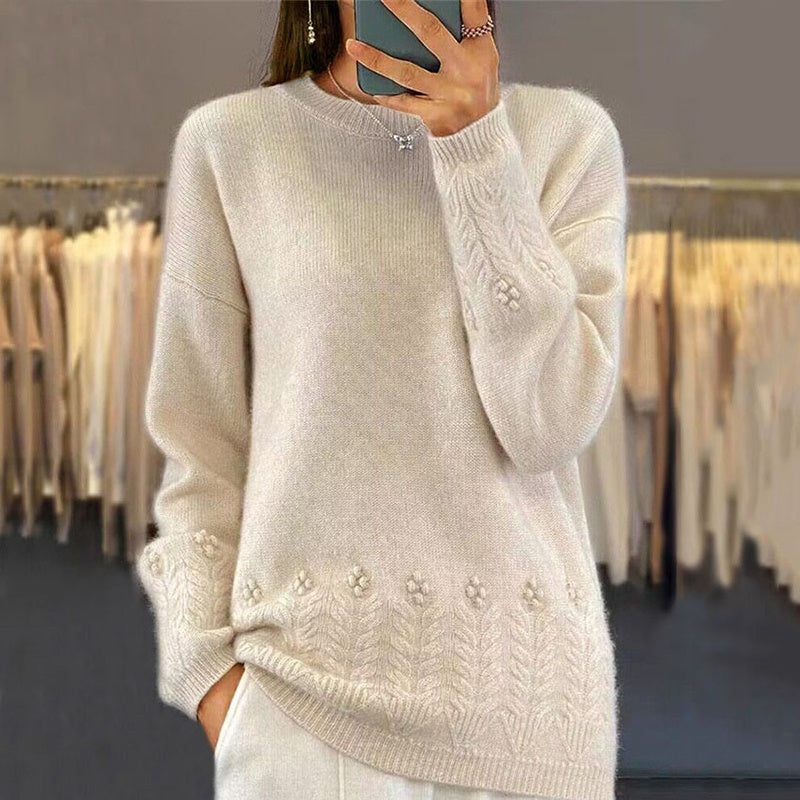 Women's Solid Color 3D Floral Embroidered Sweater