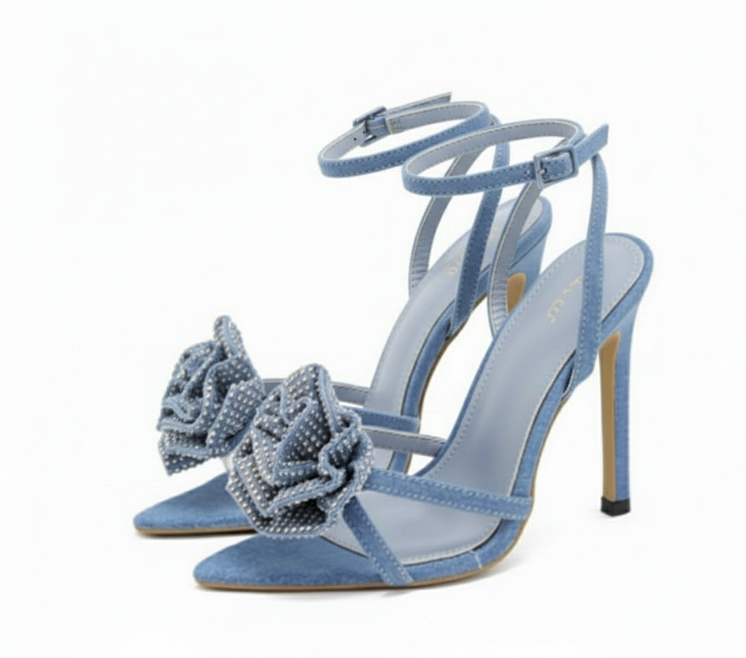 Flower Crystal Denim Stiletto Heels