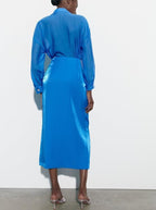 Double Breasted Silk Satin Sarong Skirt Set With Belt