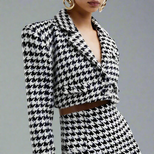 Cropped Checkered Houndstooth Blazer