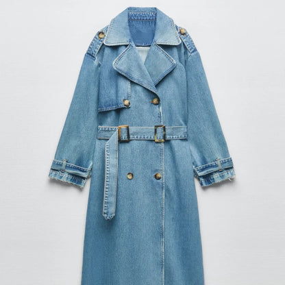 Long Blue Denim Trench Coat