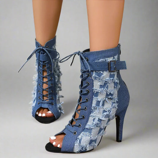 Peep Toe Ankle Denim Boots