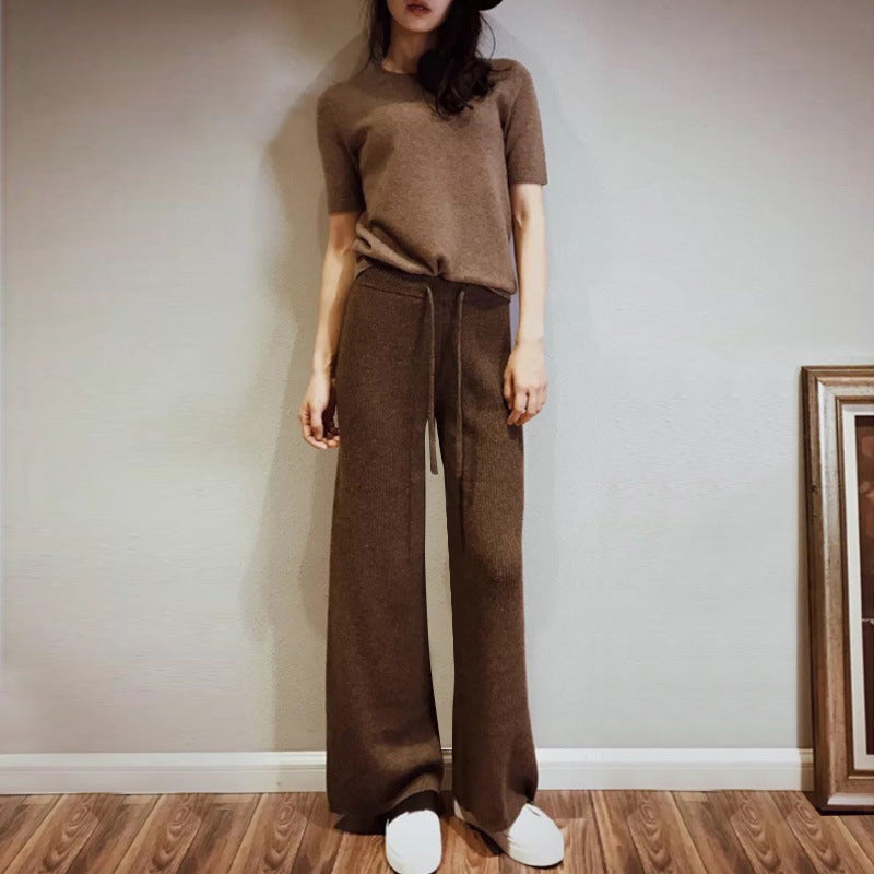 High-rise solid color cashmere wide-leg trousers