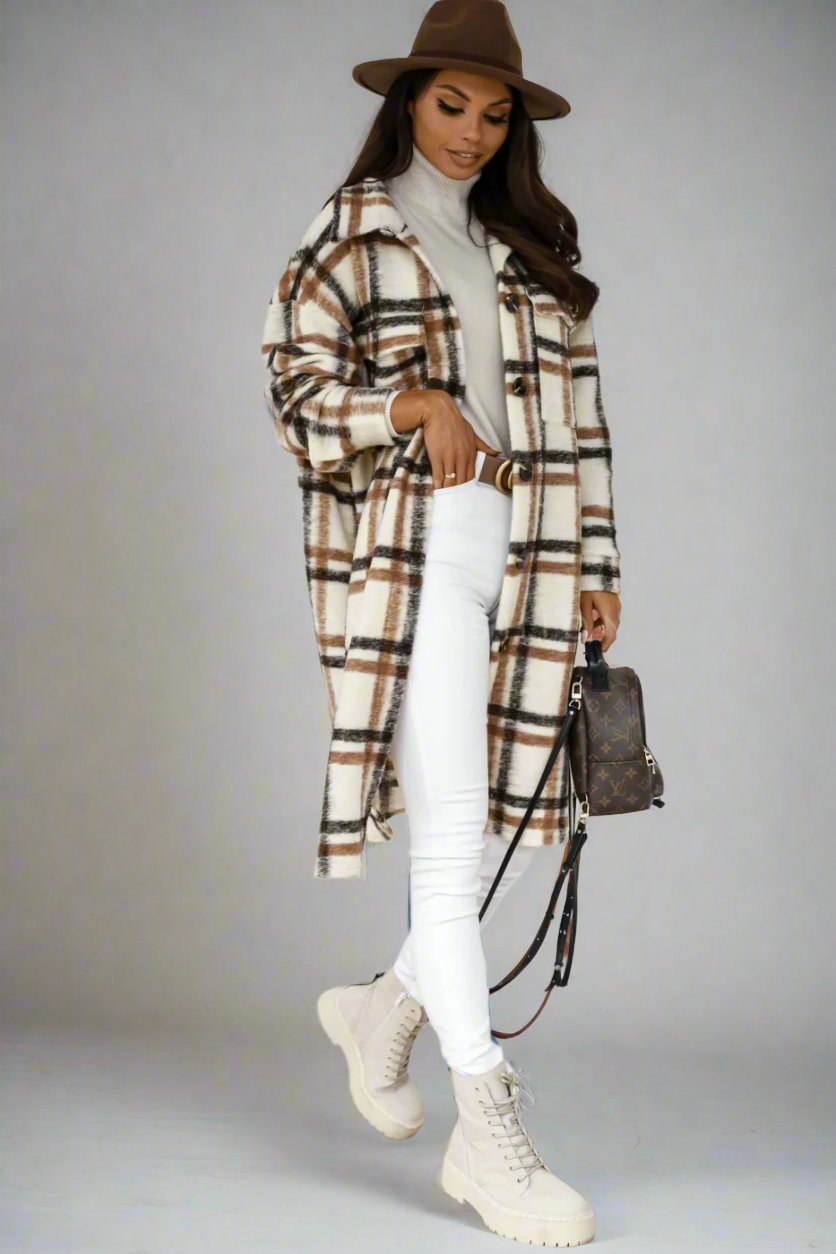 Long Warm Woolen Plaid Coat