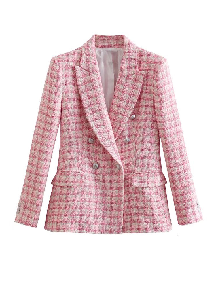 Pink Plaid Loose Double Breasted Tweed Blazer