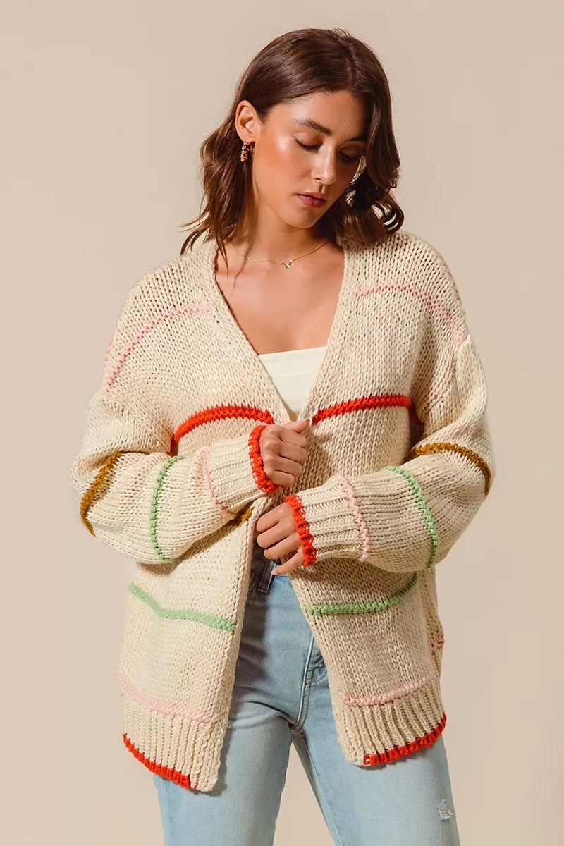 SO ME Loose Fit Multi Stripe Open Front Cardigan