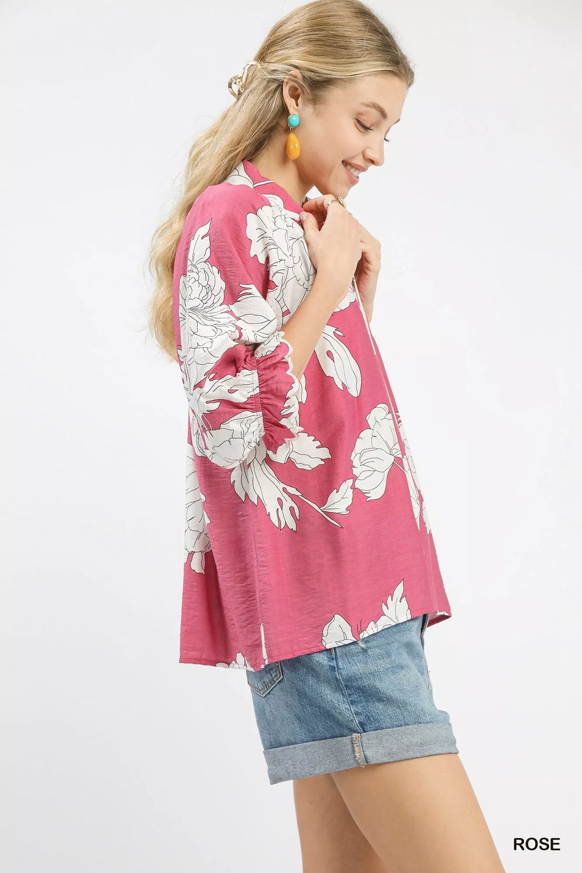 Umgee Peony Illustration Print Flounce Sleeve Blouse