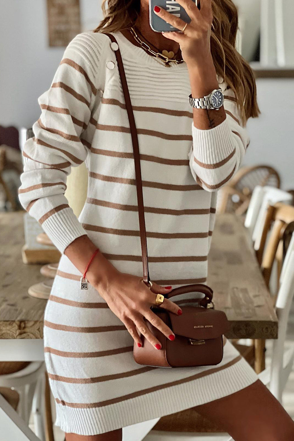 Stripe Button Short Sweater Dress