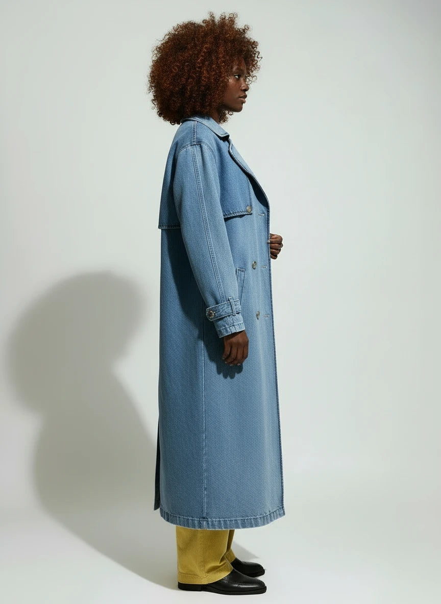 Long Blue Denim Trench Coat