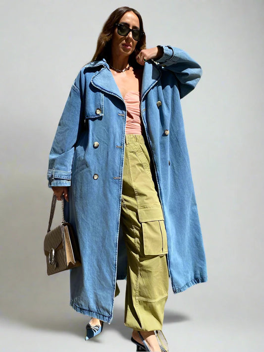 Long Blue Denim Trench Coat