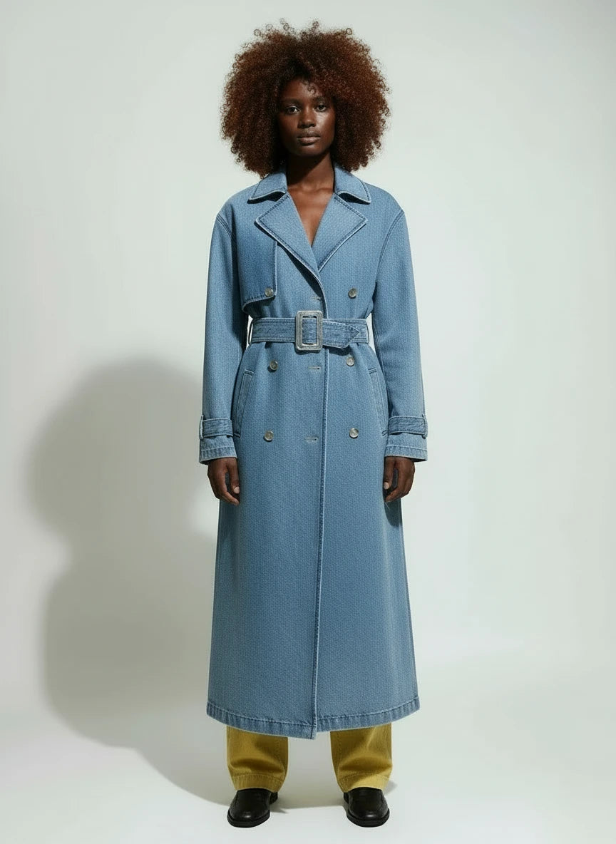 Long Blue Denim Trench Coat