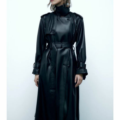 All-match Black Leather Wind Coat