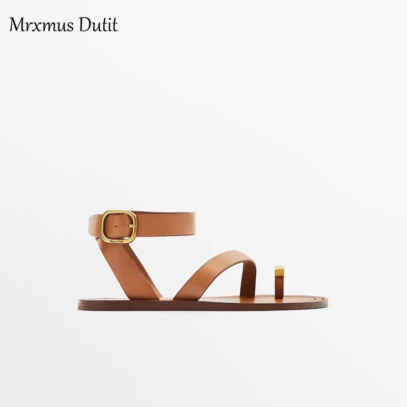 Mrxmus Dutit2023 Summer Fashion New Women Genuine Leather Flat Clip Toes Sandals Versatile Simple Casual Beach Shoes Female Chic