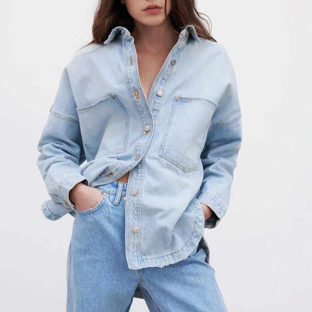 Women Spring Autumn New British Style Women's Wear Retro Old Korean Style Casual Loose Pocket Denim Shirt Coat