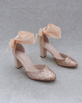 Rock Glitter Block Heel with Blush Wrapped Satin Tie