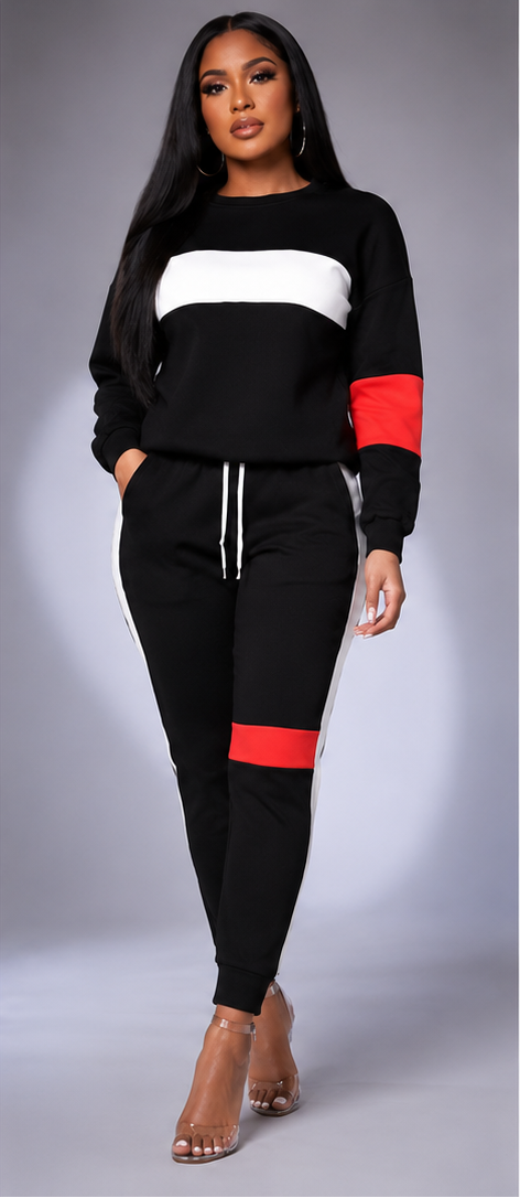 A three-panel studio photo of a woman modeling a matching color-block sweatshirt and jogger set. The left panel shows a navy, white, and red version; the center panel shows a black, white, and red version; the right panel shows the back view of the black set.
