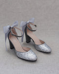 Rock Glitter Block Heel with Back Satin Bow