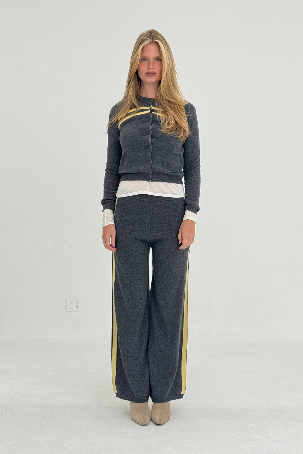 Cashmere Wool Stripe Cardigan in Charcoal/Butter