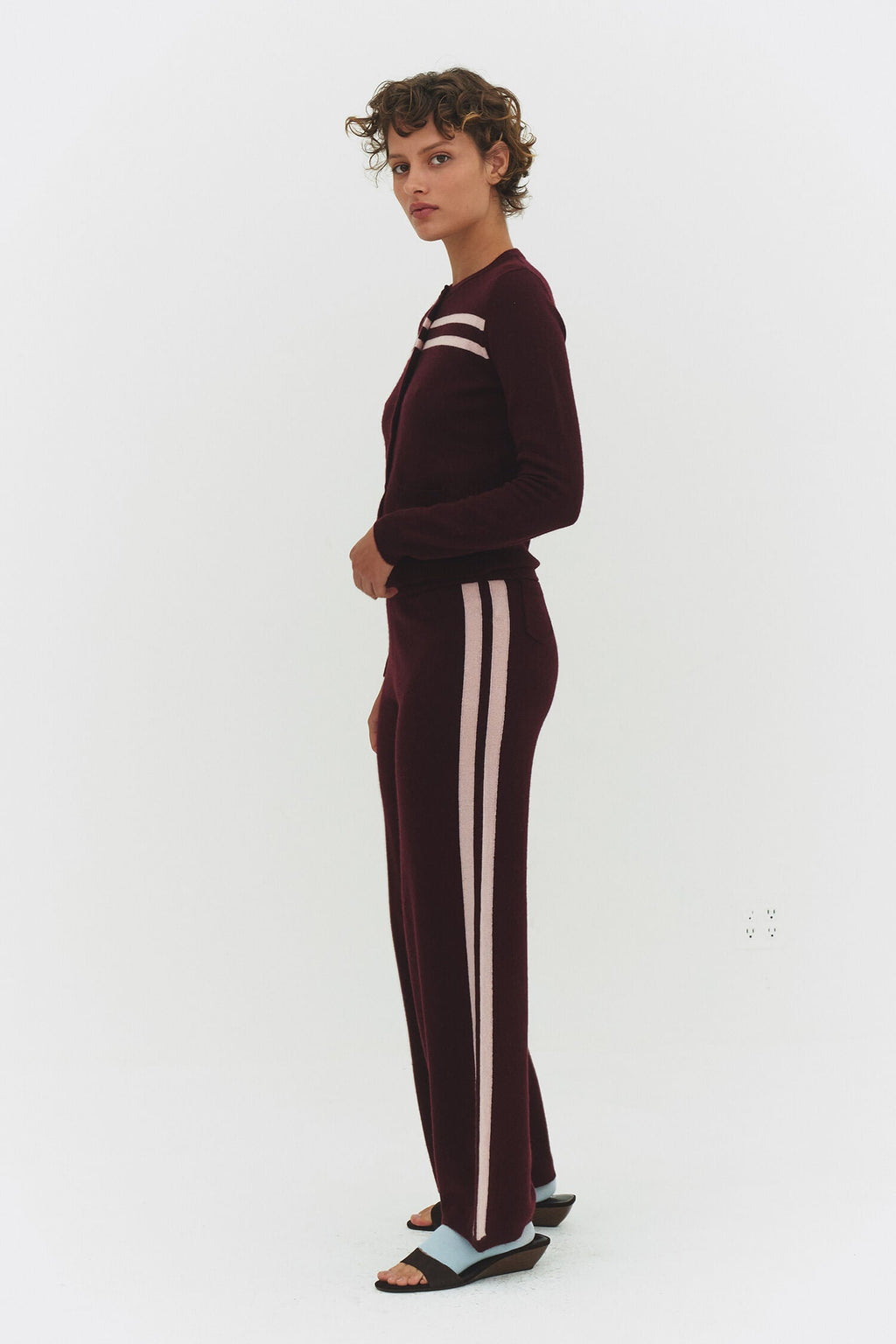 Cashmere Wool Stripe Cardigan In Rasberry Cream