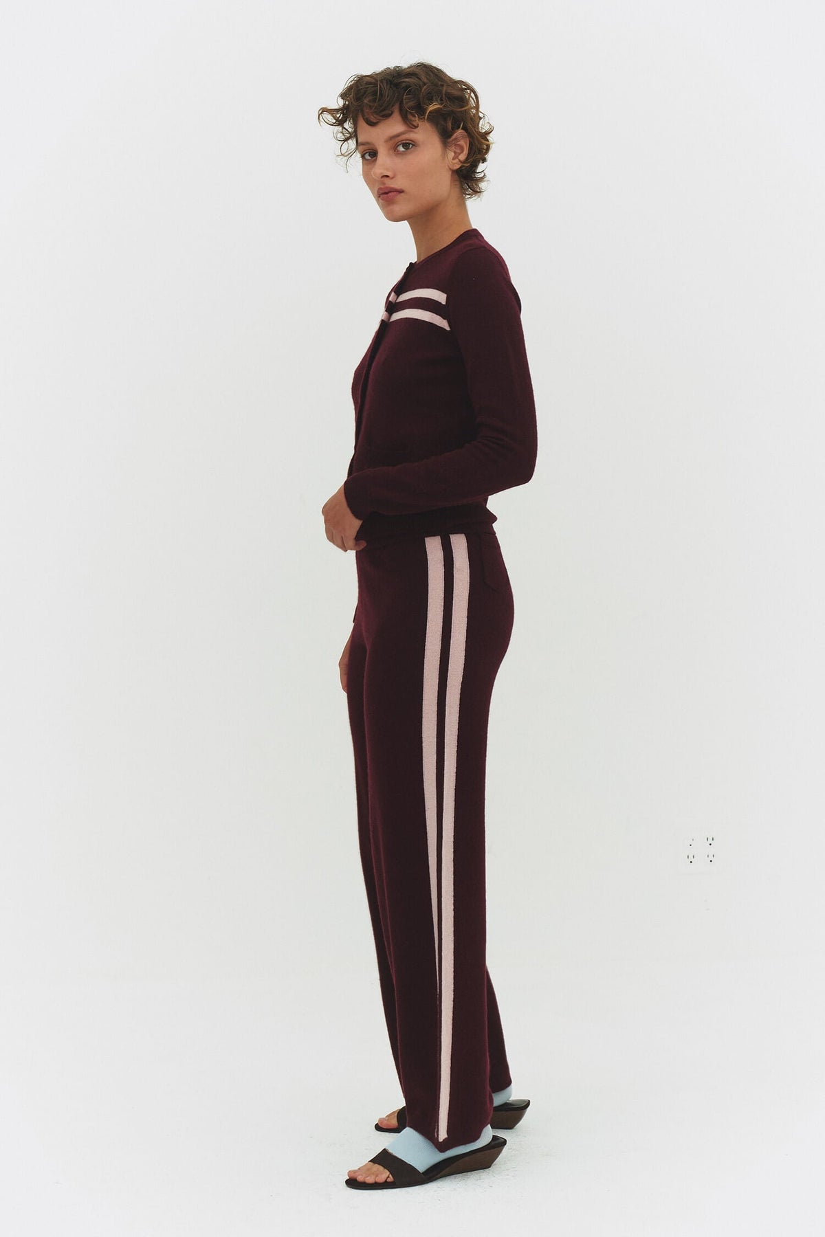 Cashmere Wool Stripe Cardigan In Rasberry Cream