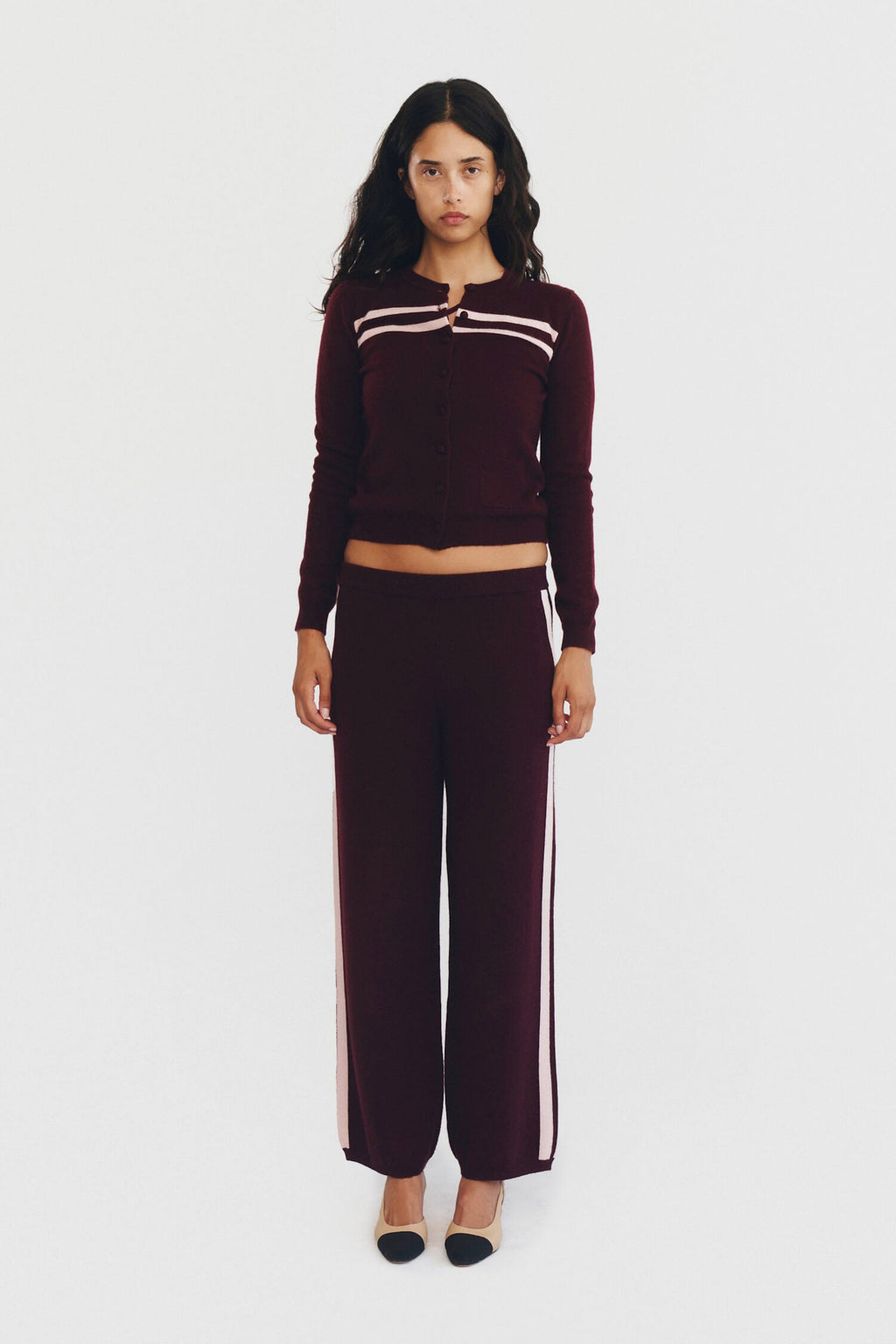 Cashmere Wool Stripe Cardigan In Rasberry Cream