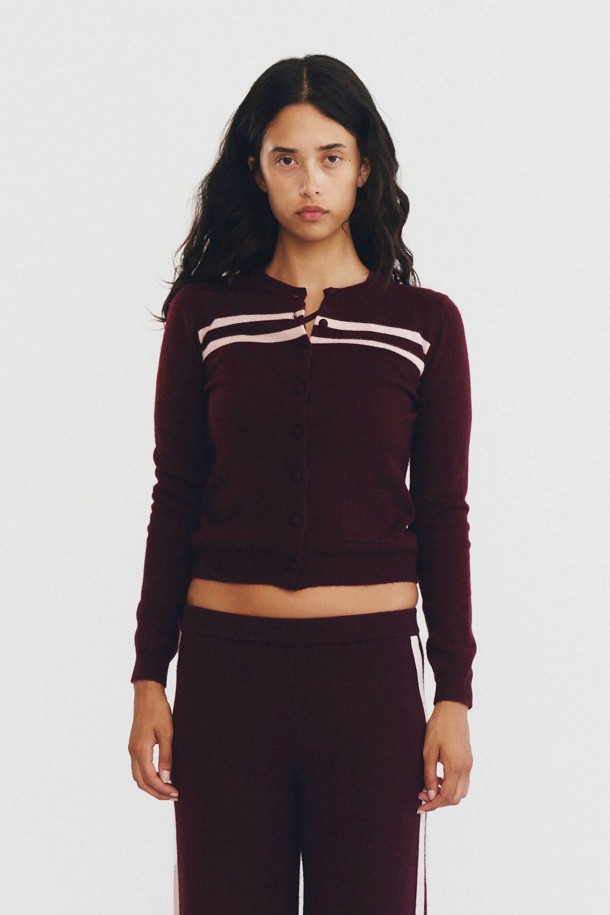 Cashmere Wool Stripe Cardigan In Rasberry Cream